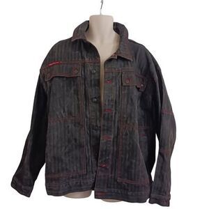 Delf Jacket Denim Jean Big Guy 2XL STRIPED TRUCKER STYLE BLACK Y2K